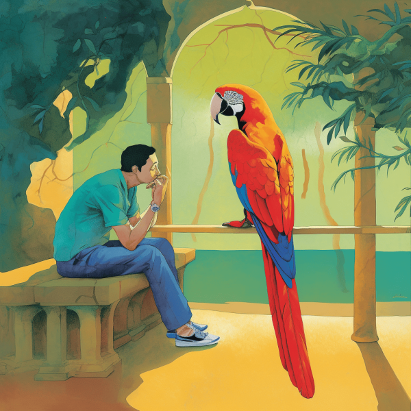 Kidthebill_a_person_sitting_and_talking_to_Macaw_parrot._painti_e56df48c-63eb-46d5-8990-1397a31edba3